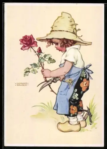 Künstler-AK Lungershausen: Junges Mädchen schneidet im Garten eine Rose ab