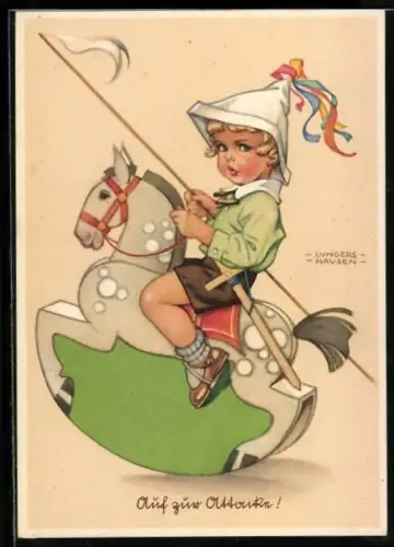 Künstler-AK Lungershausen: Kleiner Junge als Kämpfer auf einem Schaukelfeld