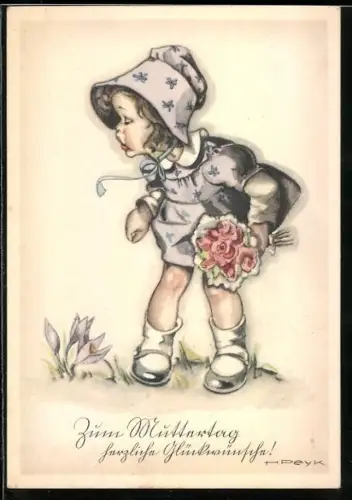 Künstler-AK Hilla Peyk: Mädchen freut sich über Blumen