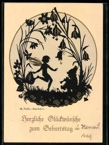 Künstler-AK Marta Sachse-Schubert: Elf trifft auf einen Zwerg, der Trompete unter Blumen spielt, Scherenschnitt