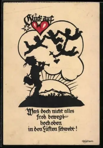 Künstler-AK Georg Plischke: Junge spielt Trompete für die über ihm fliegenden Engel