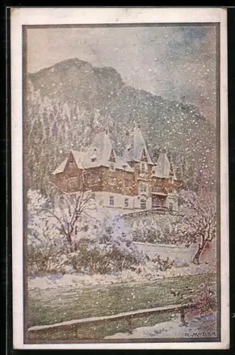 Künstler-AK Richard Moser: Herrenhaus in winterlicher Landschaft