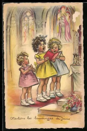 Künstler-AK Germaine Bouret: Kinder singen in einer Kirche