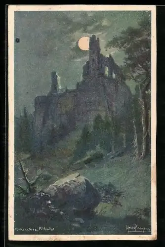 Künstler-AK Heinz Pinggera: Felswand Türkensturz mit Ruine in der Nacht