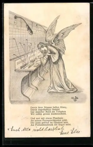 Künstler-AK H. Starkloff: Engel arbeitet in einer Telefonzentrale