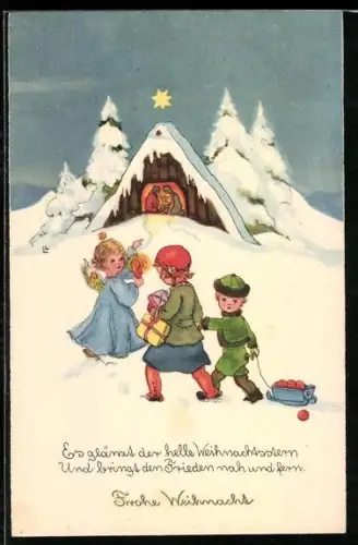 Künstler-AK Liesel Lauterborn: Engel weist Kindern den Weg zu einer Krippenszene