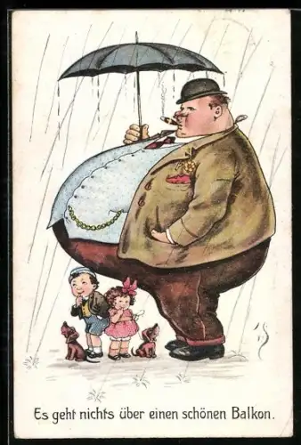 AK Kinder suchen Schutz vor dem Regen unter dem Bauch eines übergewichtigen Mannes