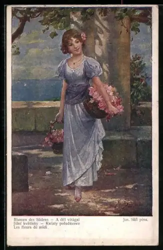 Künstler-AK Josef Süss: Hübsche Frau mit Blumenkörben
