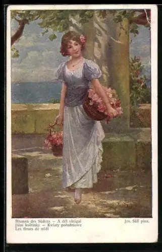 Künstler-AK Josef Süss: Junge Frau mit Blumen des Südens