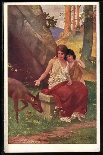 Künstler-AK Josef Süss: Hübsche Frau mit Kind im Wald mit einem Reh, Genovéva