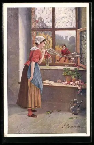 Künstler-AK Josef Süss: Frau öffnet einem kleinen Mann das Fenster, Der Märchenprinz