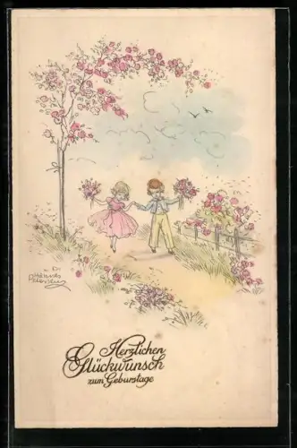 Künstler-AK Hannes Petersen: Kinder mit Blumensträussen spazieren über einen Weg