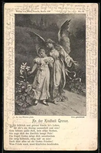Künstler-AK Arno von Riesen: Engel begleitet ein Kind beim Blumenpflücken