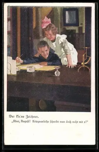 Künstler-AK Brynolf Wennerberg: Junge und Mädchen an einem Schreibtisch, Der kleine Zeichner