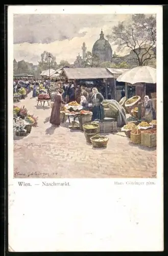 Künstler-AK Wien, Naschmarkt mit Marktständen