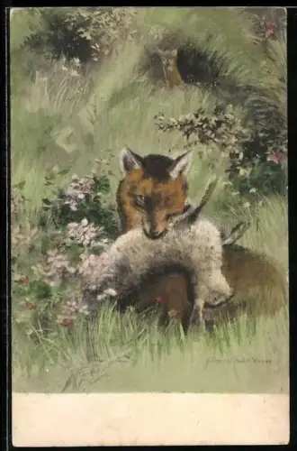 Künstler-AK Charles Scolik: Fuchs mit einem erlegten Hasen