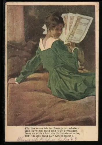 Künstler-AK Brynolf Wennerberg: Junge Dame mit Kriegsanleihe