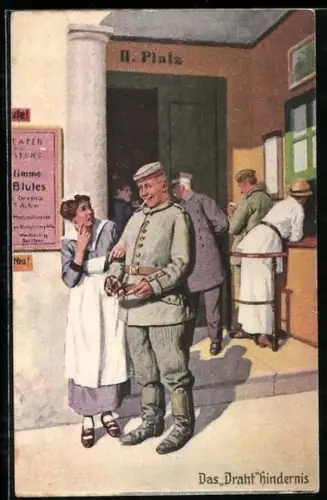 Künstler-AK Arthur Thiele unsign.: Soldat mit leerer Geldbörse mit seiner Frau vor der Theaterkasse, Das Drahthindernis