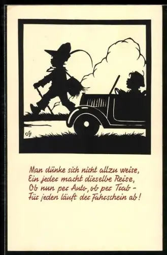 Künstler-AK Oskar Petersen: Wanderer und Auto auf einer Landstrasse, Scherenschnitt