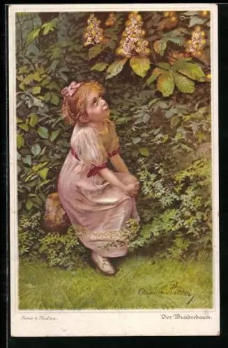 Künstler-AK Arno von Riesen: Junges Mädchen sieht sich die Früchte eines Baumes an