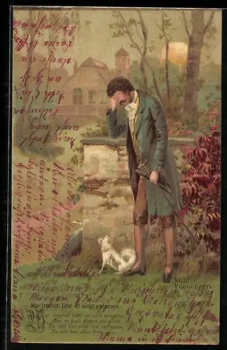 Künstler-AK Robert Kämmerer: Eleganter Herr mit Gehstock neben einem kleinen Hund