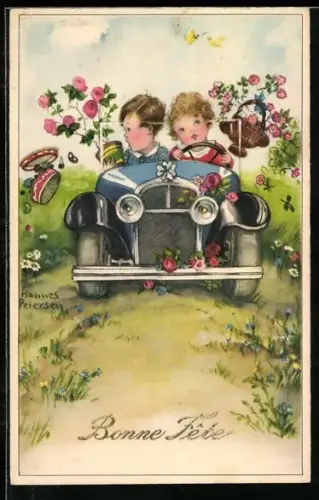 Künstler-AK Hannes Petersen: Kinder sitzen mit Blumentöpfen in einem Auto