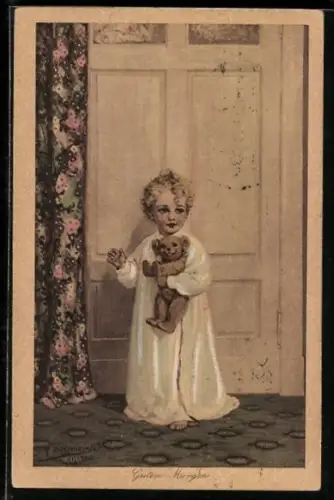 Künstler-AK R. Borrmeister: Kleinkind im Nachthemd mit einem Teddybären