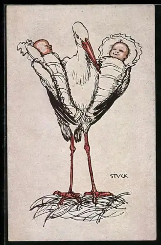 Künstler-AK Franz Stuck: Storch bringt zwei Kinder zu den frischen Eltern