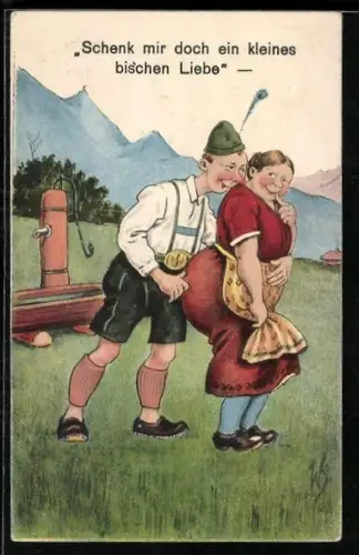 Künstler-AK Willi Scheuermann: Mann in Tracht bandelt mit einer Frau an