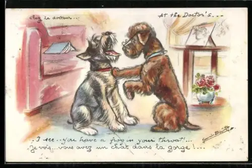 Künstler-AK Germaine Bouret: Arztvisite mit zwei Hunden, einer mit Brille und Stethoskop