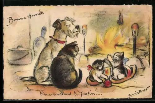 Künstler-AK Germaine Bouret: Hund mit Katze und zwei Kitten an einem Kamin