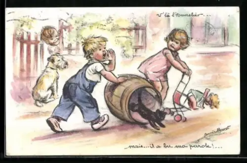 Künstler-AK Germaine Bouret: Kinder spielen mit einem Fass, aus dem eine Katze springt