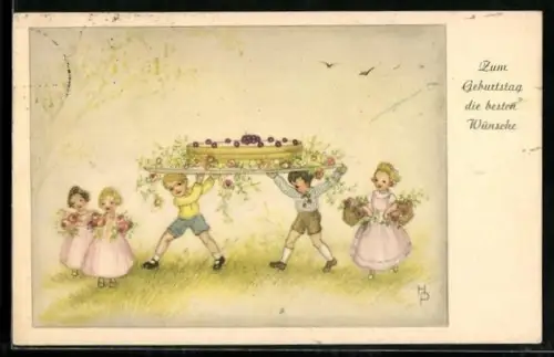 Künstler-AK Hannes Petersen: Kinder tragen eine riesige Torte