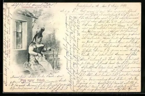 Künstler-AK Charles Scolik: Elegante Dame sitzt auf einer Bank im Garten