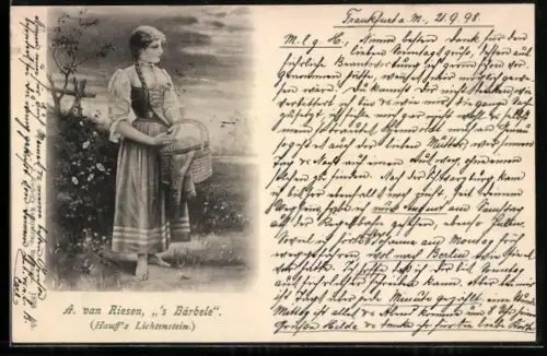 Künstler-AK Arno von Riesen: Hübsche Frau mit geflochtenem Zopf und einem Korb in der Hand