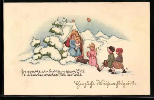 Künstler-AK Liesel Lauterborn: Engel und zwei Kinder bei einem Heiligenhäuschen mit Jesuskind und Heiliger Jungfrau