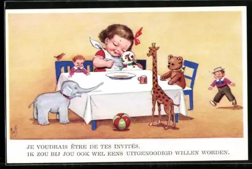Künstler-AK Willi Scheuermann: kleines Mädchen füttert seine Stofftiere, Je voudrais etre de tes invites