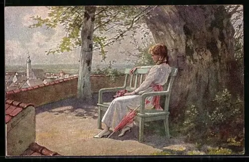 Künstler-AK R. Borrmeister: Hübsche Frau sitzt auf einer Bank und blickt über einen Ort