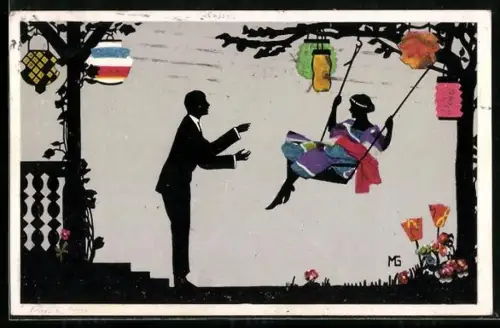 Künstler-AK Marte Graf: Elegantes Paar beim Schaukeln, Scherenschnitt