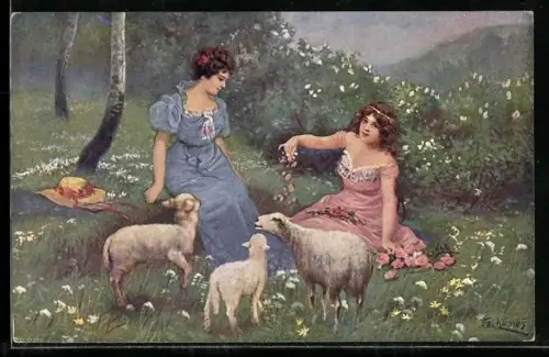 Künstler-AK Fr. Klimes: Zwei Damen mit Schäfchen auf einer Wiese
