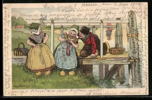 Künstler-AK Georg Mühlberg: Junge flirtet mit einem strickenden Mädchen