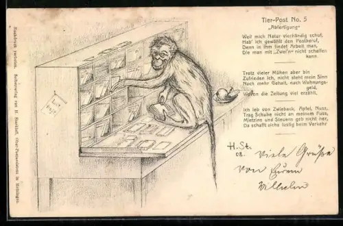 Künstler-AK H. Starkloff: Abfertigung, Affe sortiert die Post