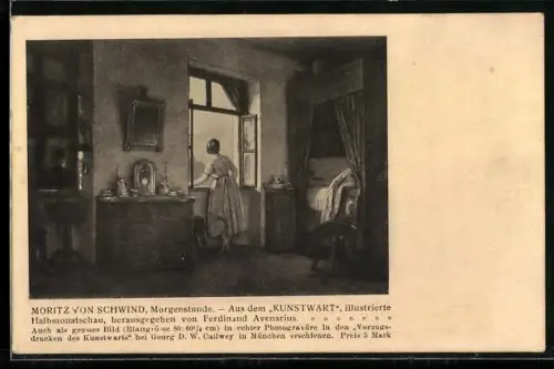 Künstler-AK Moritz von Schwind: Junge Frau steht an einem Fenster und sieht heraus, Morgenstunde