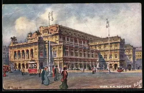 Künstler-AK Rudolf Preuss: Wien, Partie an der Hofoper mit Strassenbahn