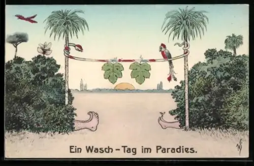 Künstler-AK Willi Scheuermann: Ein Wasch-Tag im Paradies