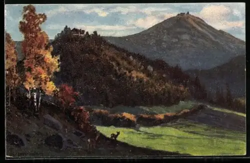Künstler-AK Carl Ernst Morgenstern: Krummhübel, Blick auf Pfaffenberg und Schneekoppe