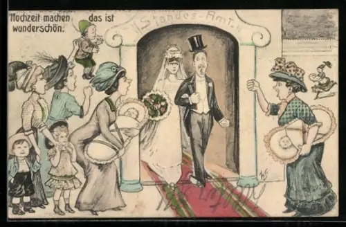 Künstler-AK Willi Scheuermann: Paar verlässt das Standesamt und wird von Liebschaften des Mannes begrüsst