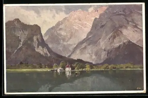 Künstler-AK Edward Harrison Compton: St. Bartholomä, Uferpartie am Königsee
