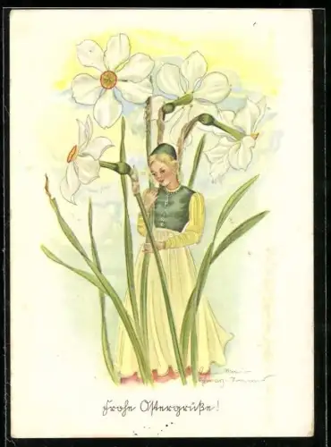 Künstler-AK Schwarz-Torino: Junge Frau steht zwischen riesigen Blumen