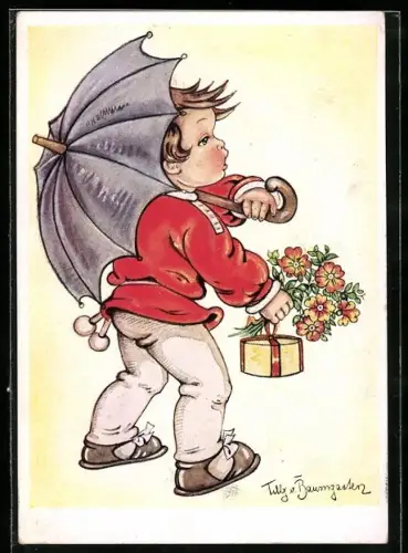Künstler-AK Tilly von Baumgarten: Kind mit Geschenk, Blumenstrauss und Regenschirm
